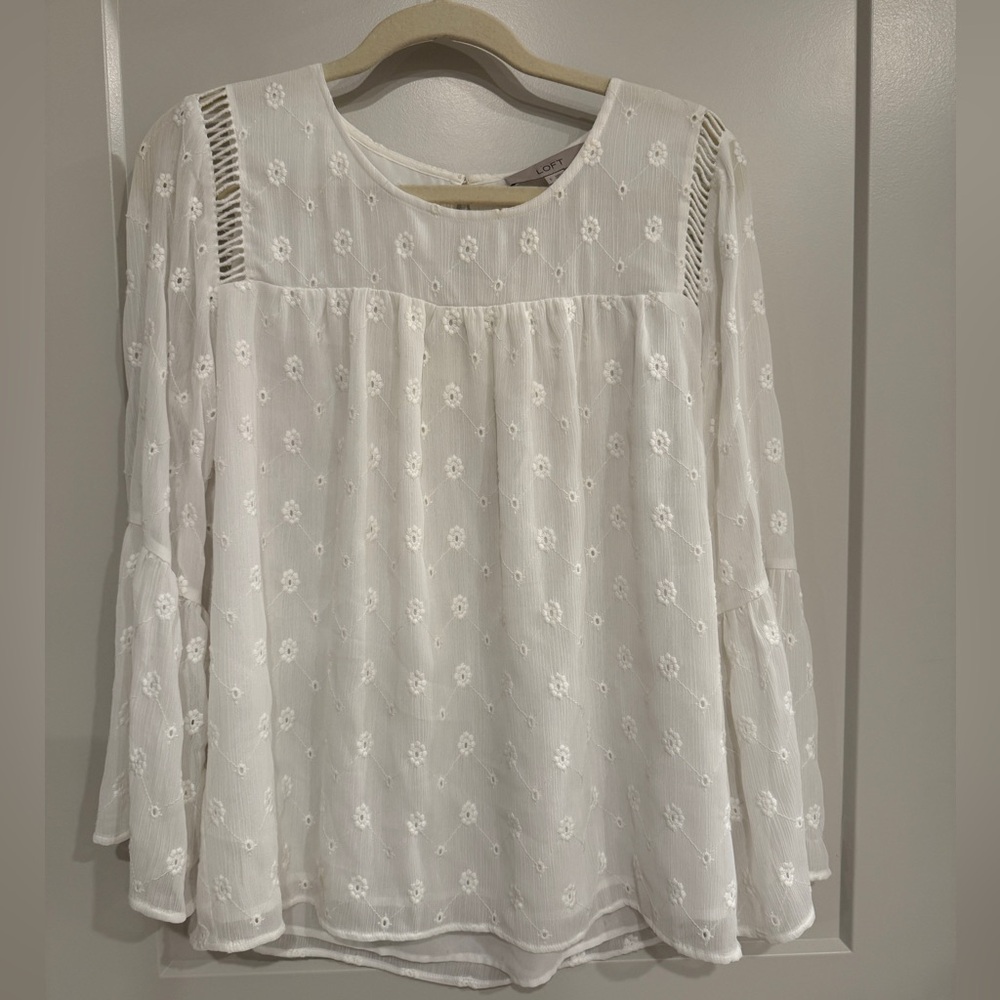 LOFT White Floral Embroidered Blouse